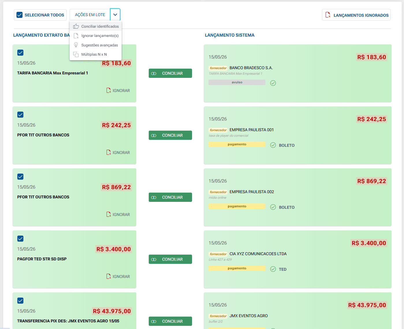 Ação em lote Conciliar identificados no E9 Gestão