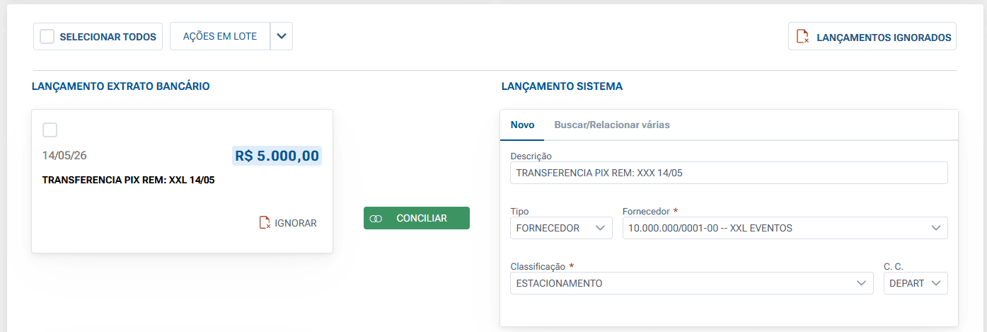 Atalho de nova movimentação pré-preenchido no E9 Gestão