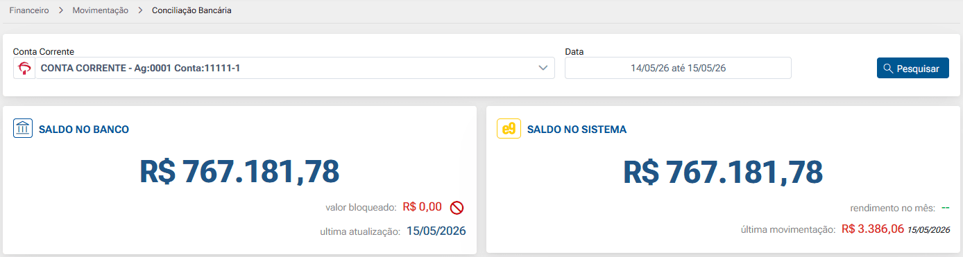 Painel de saldo no banco e saldo no sistema no E9 Gestão